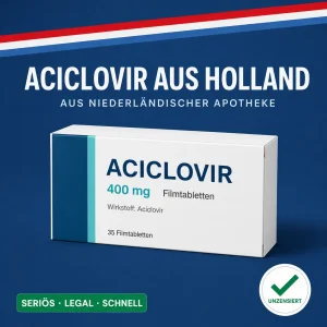 Aciclovir 400 mg Filmtabletten Packung vor dunkelblauem Hintergrund mit niederländischer Bandarole