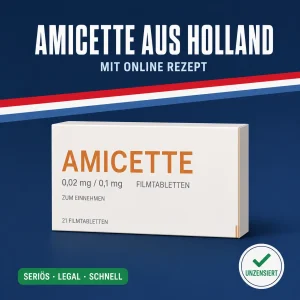 Kleine neutrale Medikamentenschachtel mit der Aufschrift Amicette Filmtabletten vor dunkelblauem Hintergrund mit niederländischer Bandarole