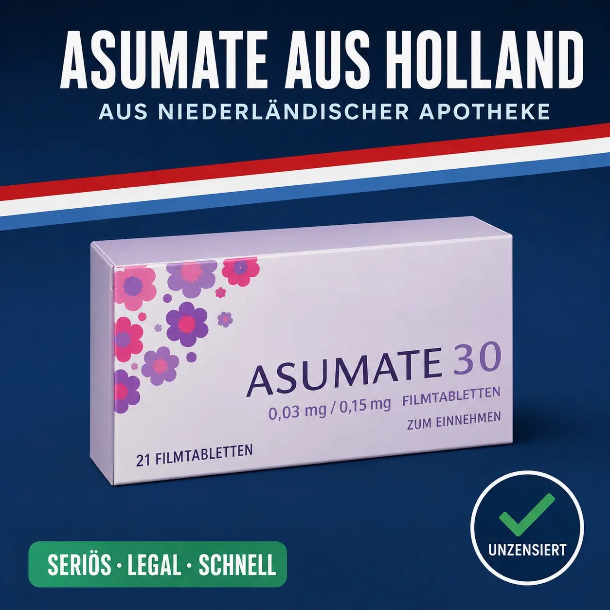 Kleine neutrale Medikamentenschachtel mit der Aufschrift Asumate 30 Filmtabletten vor dunkelblauem Hintergrund mit niederländischer Bandarole