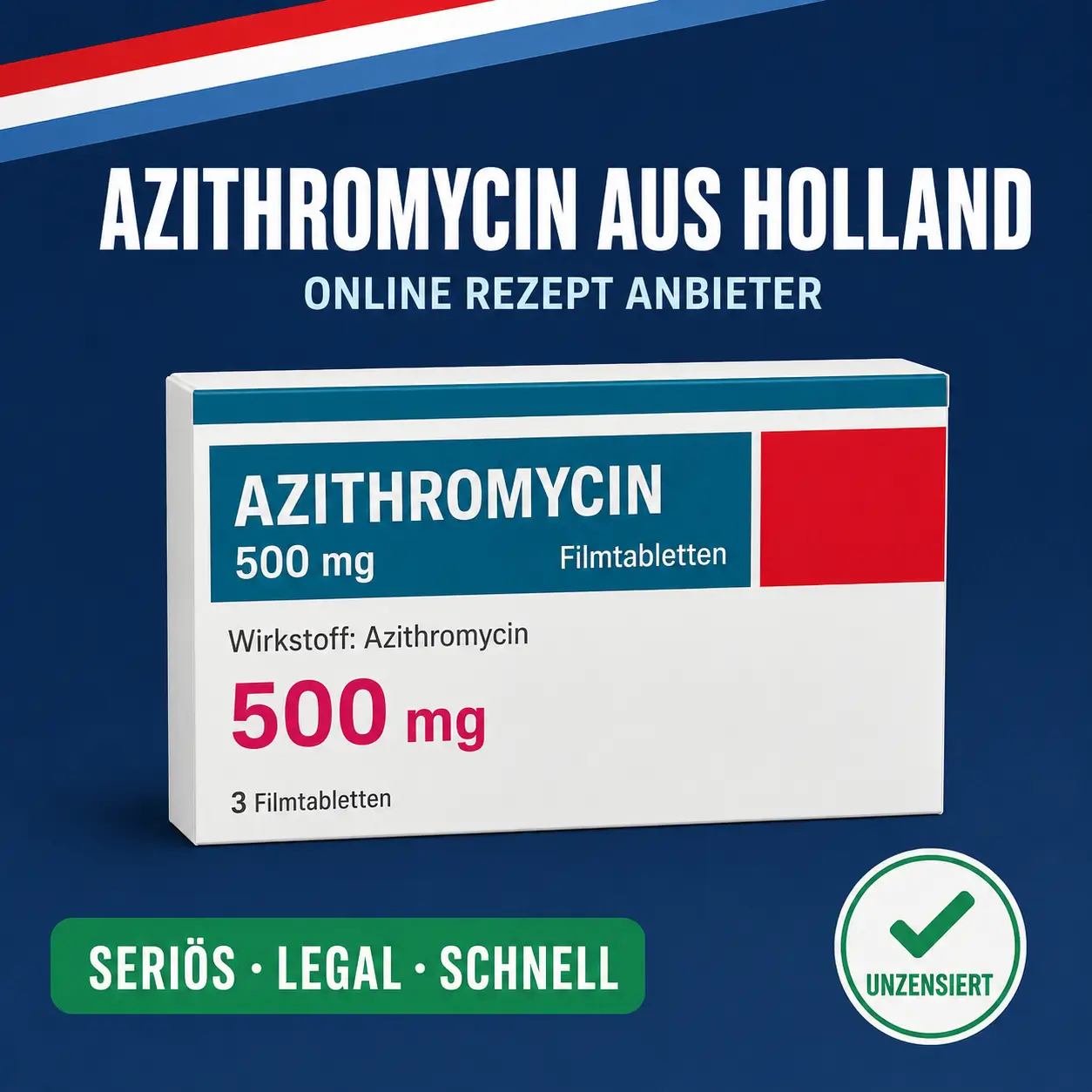 Azithromycin 500 mg Filmtabletten Packung in Weiß mit petrolblauem und rotem Farbfeld vor dunkelblauem Hintergrund