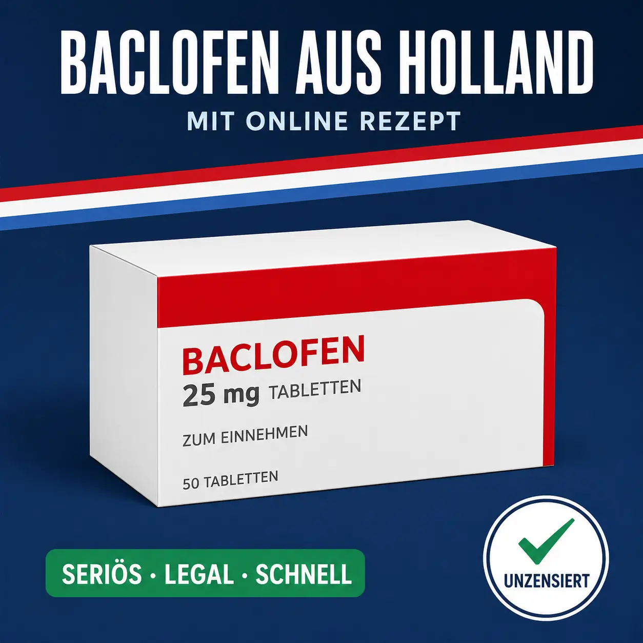 Neutrale Medikamentenschachtel mit der Aufschrift Baclofen 25 mg Tabletten vor dunkelblauem Hintergrund mit niederländischer Bandarole