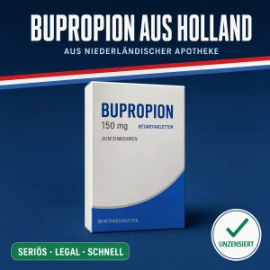 Aufrechte weiß-blaue Medikamentenschachtel mit der Aufschrift Bupropion 150 mg Retardtabletten vor dunkelblauem Hintergrund mit niederländischer Bandarole