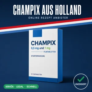 Schmale weiß-blaue Medikamentenschachtel mit der Aufschrift Champix 0,5 mg und 1 mg Filmtabletten vor dunkelblauem Hintergrund mit niederländischer Bandarole