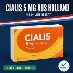 Neutrale Medikamentenschachtel Cialis 5 mg Filmtabletten vor dunkelblauem Hintergrund mit niederländischer Bandarole