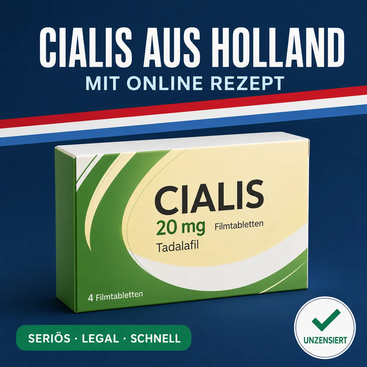 Cialis Verpackung vor niederländischer Flagge mit Hinweis auf Online Rezept