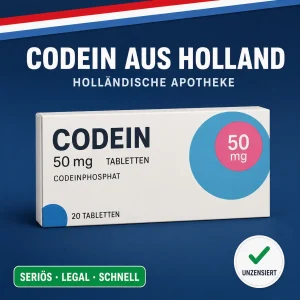 Neutrale Medikamentenschachtel mit der Aufschrift Codein 50 mg Tabletten vor dunkelblauem Hintergrund mit niederländischer Bandarole