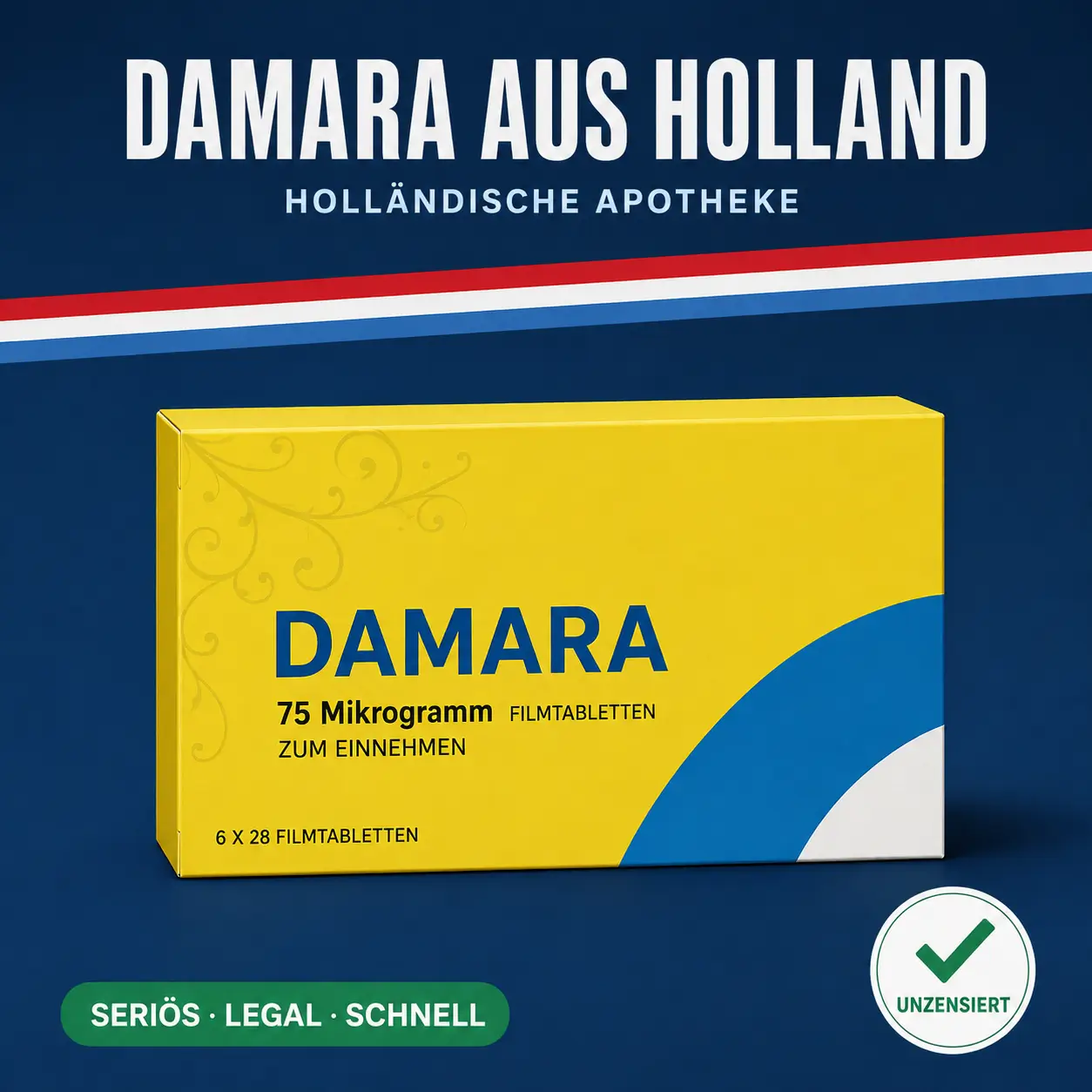 Breite neutrale gelbe Medikamentenschachtel mit der Aufschrift Damara 75 Mikrogramm Filmtabletten vor dunkelblauem Hintergrund mit niederländischer Bandarole