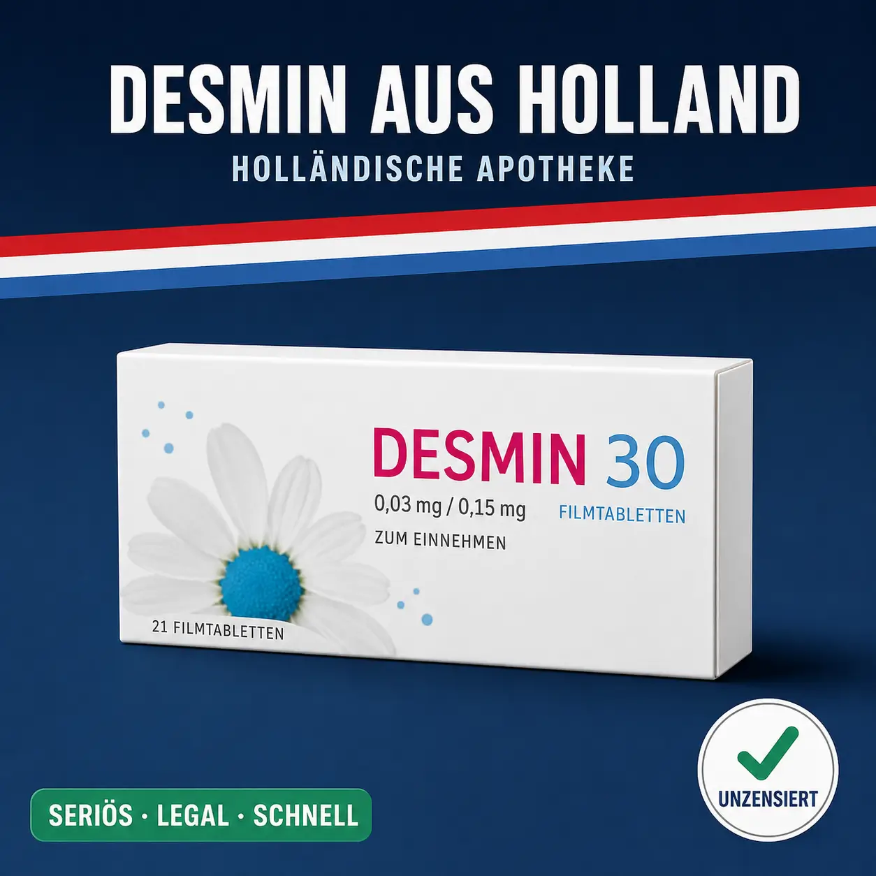 Kleine neutrale Medikamentenschachtel mit der Aufschrift Desmin 30 Filmtabletten vor dunkelblauem Hintergrund mit niederländischer Bandarole
