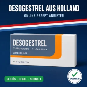 Breite neutrale Medikamentenschachtel mit der Aufschrift Desogestrel 75 Mikrogramm Filmtabletten vor dunkelblauem Hintergrund mit niederländischer Bandarole