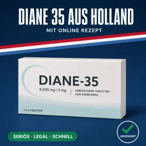Breite neutrale Medikamentenschachtel mit der Aufschrift Diane-35 überzogene Tabletten vor dunkelblauem Hintergrund mit niederländischer Bandarole