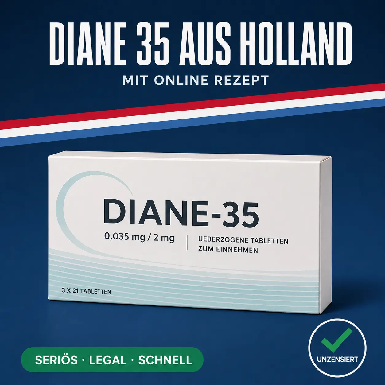Breite neutrale Medikamentenschachtel mit der Aufschrift Diane-35 überzogene Tabletten vor dunkelblauem Hintergrund mit niederländischer Bandarole