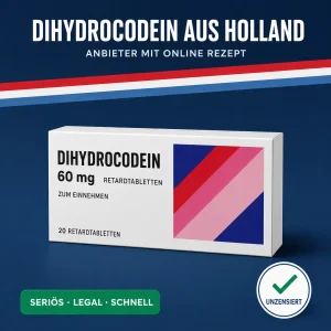 Neutrale Medikamentenschachtel mit der Aufschrift Dihydrocodein 60 mg Retardtabletten vor dunkelblauem Hintergrund mit niederländischer Bandarole