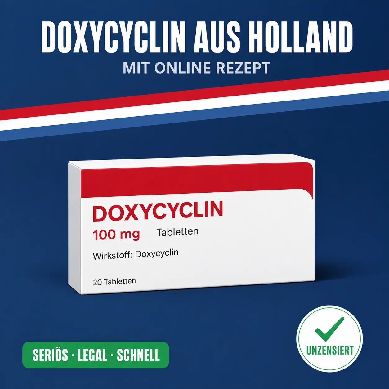 Doxycyclin 100 mg Tablettenpackung in Rot und Weiß vor dunkelblauem Hintergrund mit niederländischer Bandarole