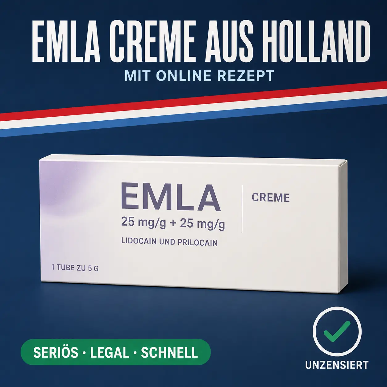 Breite weiß-fliederfarbene Medikamentenschachtel mit der Aufschrift Emla 25 mg pro g Creme vor dunkelblauem Hintergrund mit niederländischer Bandarole