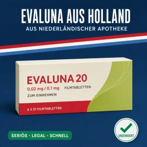 Breite neutrale Medikamentenschachtel mit der Aufschrift Evaluna 20 Filmtabletten vor dunkelblauem Hintergrund mit niederländischer Bandarole