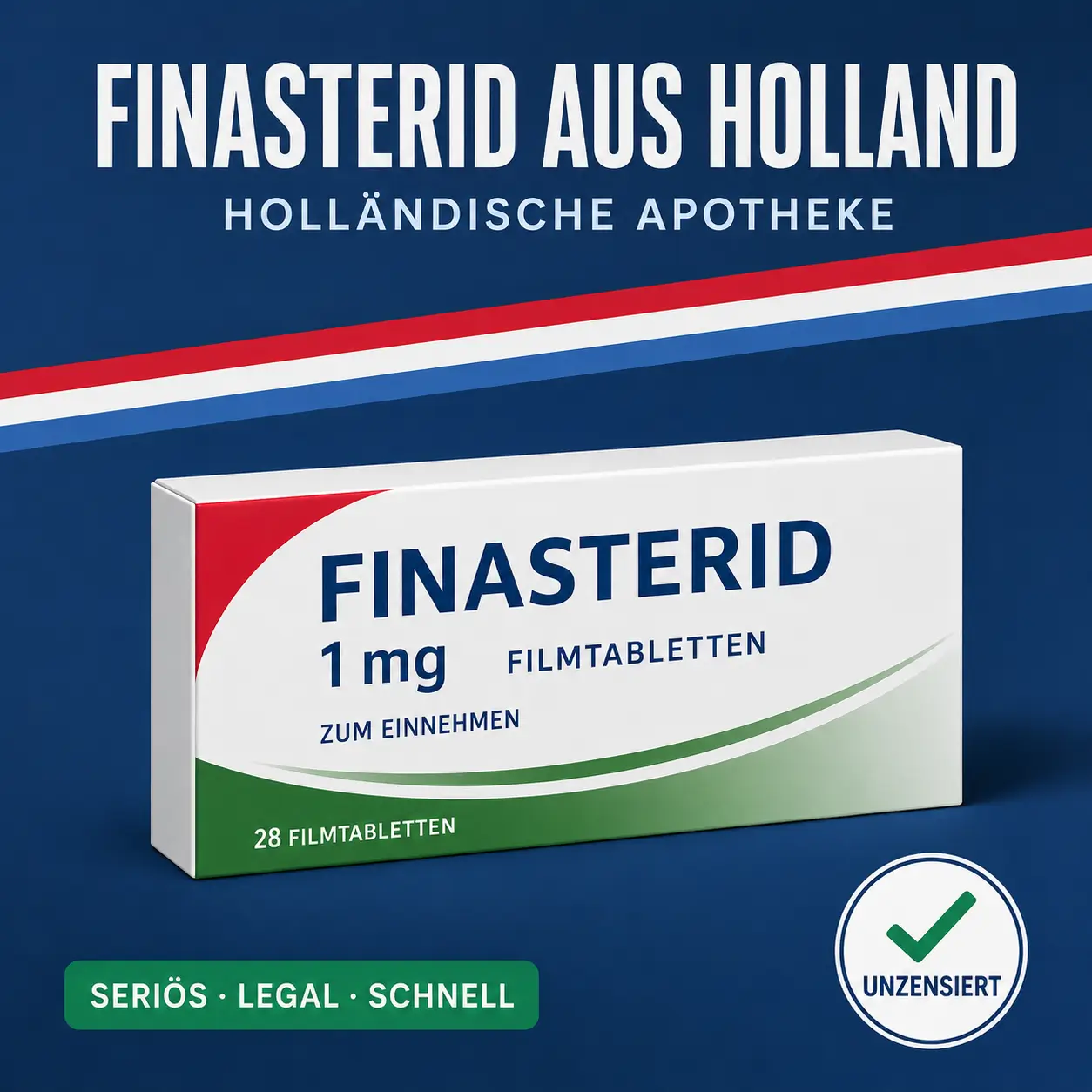 Neutrale Medikamentenschachtel mit der Aufschrift Finasterid 1 mg Filmtabletten vor dunkelblauem Hintergrund mit niederländischer Bandarole