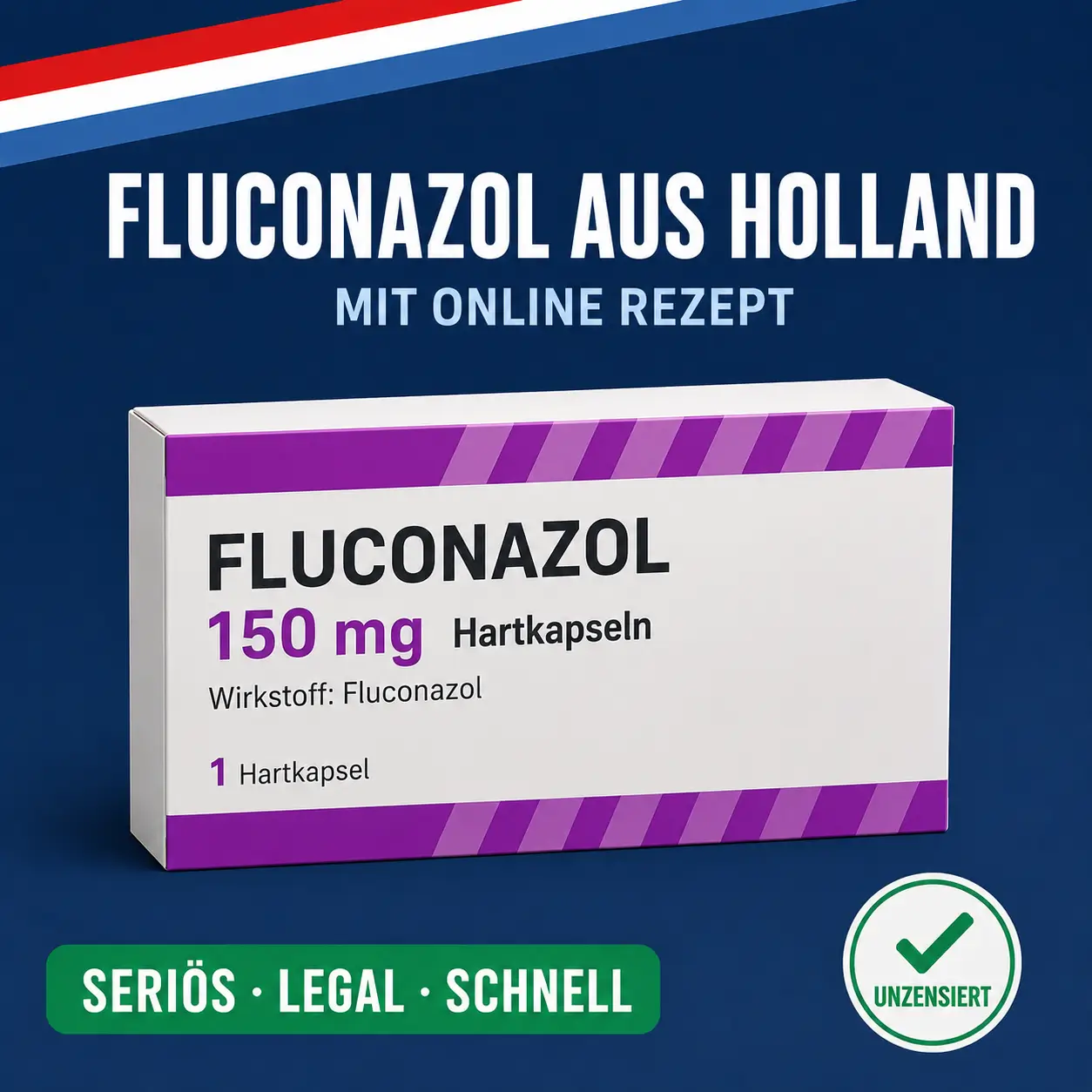 Fluconazol 150 mg Hartkapsel Packung in Weiß mit orangefarbenem Farbblock vor dunkelblauem Hintergrund mit niederländischer Bandarole