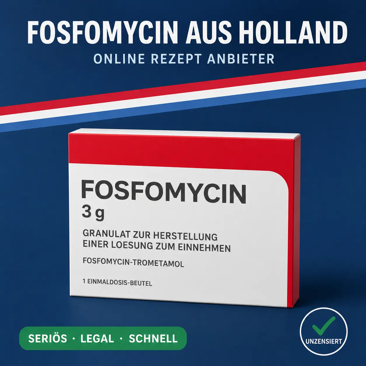 Breite weiß-rote Medikamentenschachtel mit der Aufschrift Fosfomycin 3 g Granulat vor dunkelblauem Hintergrund mit niederländischer Bandarole