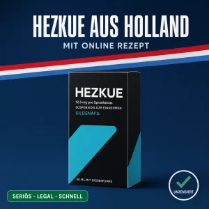 Schmale schwarz-türkise Medikamentenschachtel mit der Aufschrift Hezkue 12,5 mg pro Sprühstoß Suspension vor dunkelblauem Hintergrund mit niederländischer Bandarole
