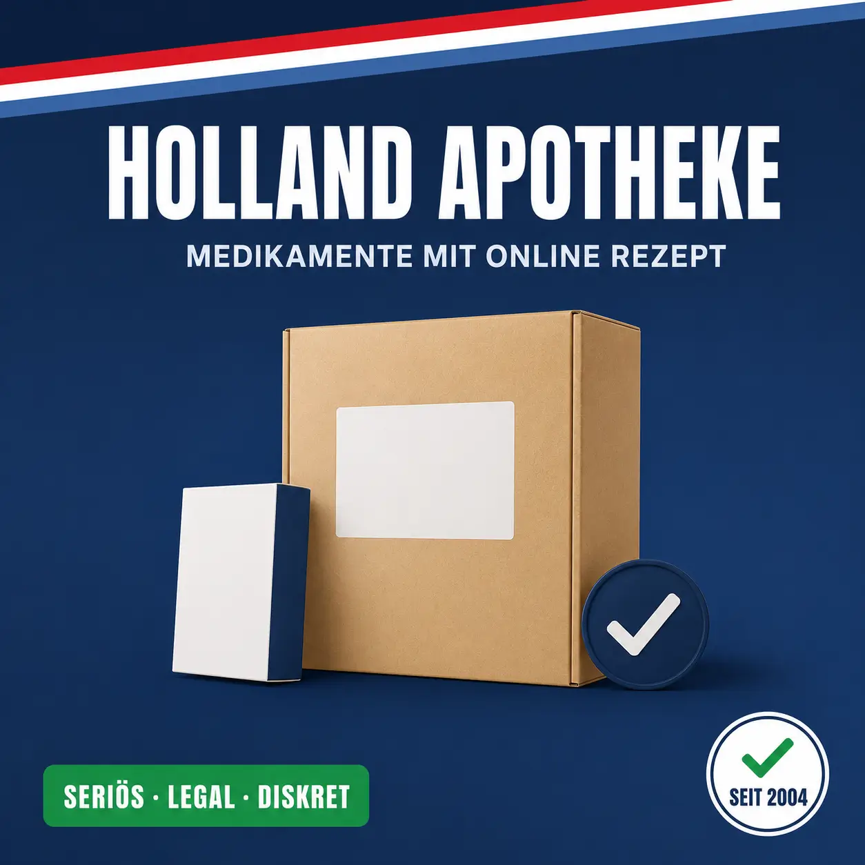 Versandpaket mit Medikamentenschachtel vor niederländischer Flagge als Symbol für Holland Apotheke mit Online-Rezept
