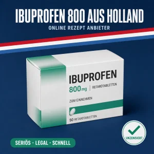 Neutrale Medikamentenschachtel mit der Aufschrift Ibuprofen 800 mg Retardtabletten vor dunkelblauem Hintergrund mit niederländischer Bandarole
