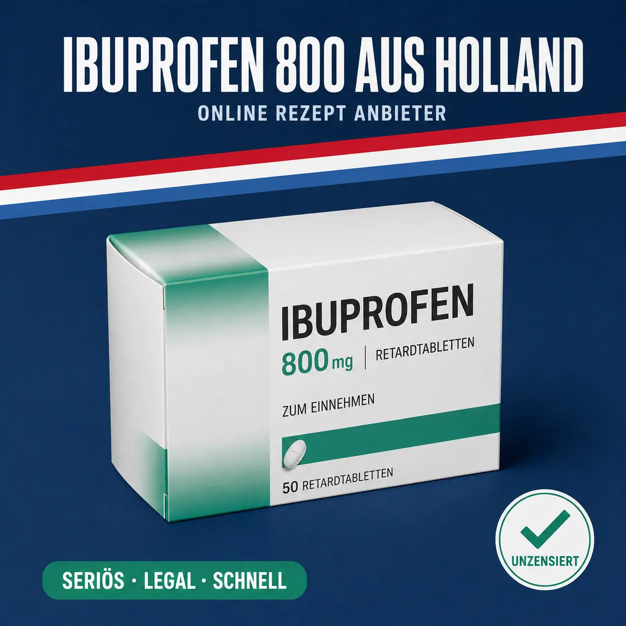 Neutrale Medikamentenschachtel mit der Aufschrift Ibuprofen 800 mg Retardtabletten vor dunkelblauem Hintergrund mit niederländischer Bandarole