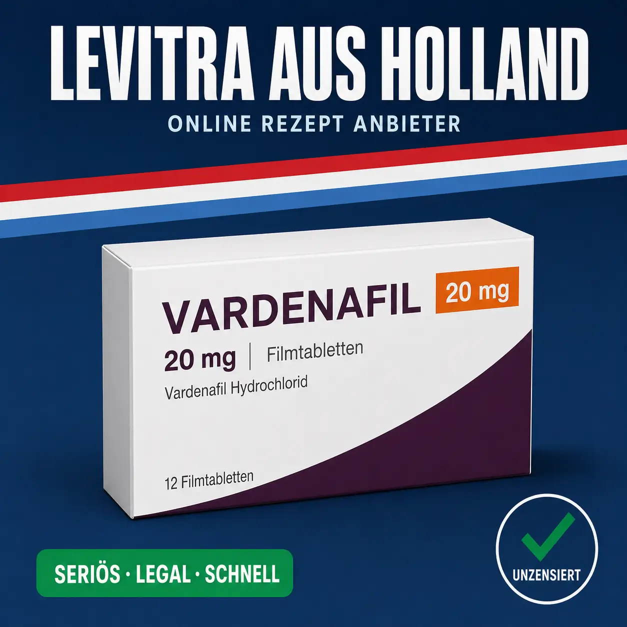 Neutrale Medikamentenschachtel mit 20 mg Filmtabletten vor dunkelblauem Hintergrund mit niederländischer Bandarole