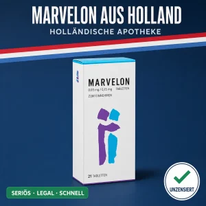 Kleine neutrale Medikamentenschachtel mit der Aufschrift Marvelon Tabletten vor dunkelblauem Hintergrund mit niederländischer Bandarole