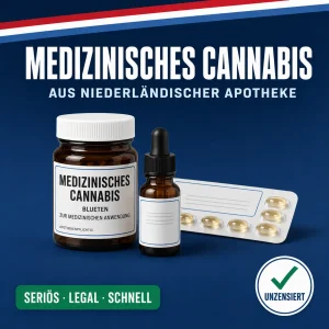 Braune Apothekendose, Tropffläschchen und Kapselblister mit neutralen Etiketten vor dunkelblauem Hintergrund mit niederländischer Bandarole