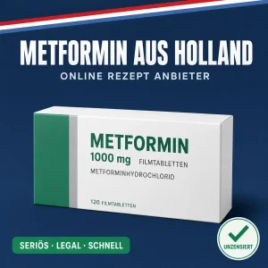 Weiß-grüne Medikamentenschachtel mit der Aufschrift Metformin 1000 mg Filmtabletten vor dunkelblauem Hintergrund mit niederländischer Bandarole