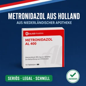 Metronidazol 400 mg Tablettenpackung in Weiß mit violettem Seitenblock vor dunkelblauem Hintergrund mit niederländischer Bandarole