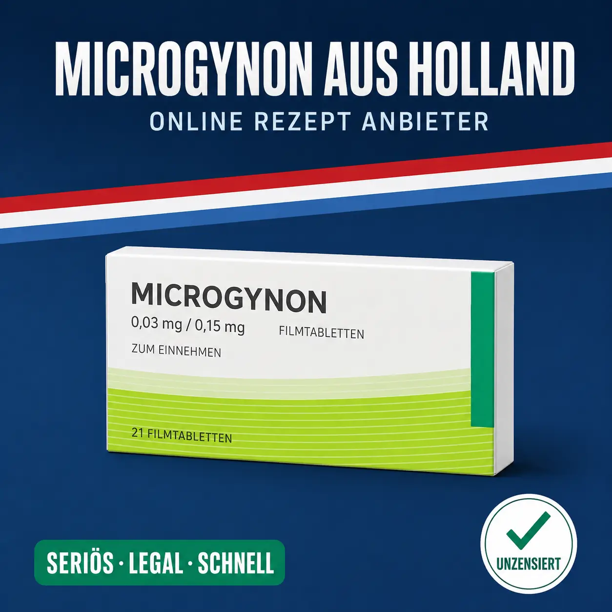 Kleine neutrale Medikamentenschachtel mit der Aufschrift Microgynon Filmtabletten vor dunkelblauem Hintergrund mit niederländischer Bandarole