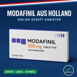 Neutrale Medikamentenschachtel mit der Aufschrift Modafinil 100 mg Tabletten vor dunkelblauem Hintergrund mit niederländischer Bandarole