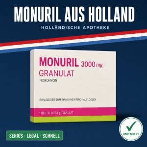Quadratische weiße Medikamentenschachtel mit magentafarbener und grüner Leiste und der Aufschrift Monuril 3000 mg Granulat vor dunkelblauem Hintergrund mit niederländischer Bandarole