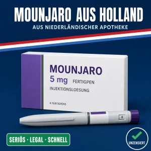 Breite weiß-violette Medikamentenschachtel mit der Aufschrift Mounjaro 5 mg Fertigpen vor dunkelblauem Hintergrund mit niederländischer Bandarole