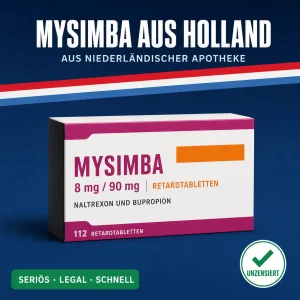 Neutrale Medikamentenschachtel mit der Aufschrift Mysimba 8 mg 90 mg Retardtabletten vor dunkelblauem Hintergrund mit niederländischer Bandarole
