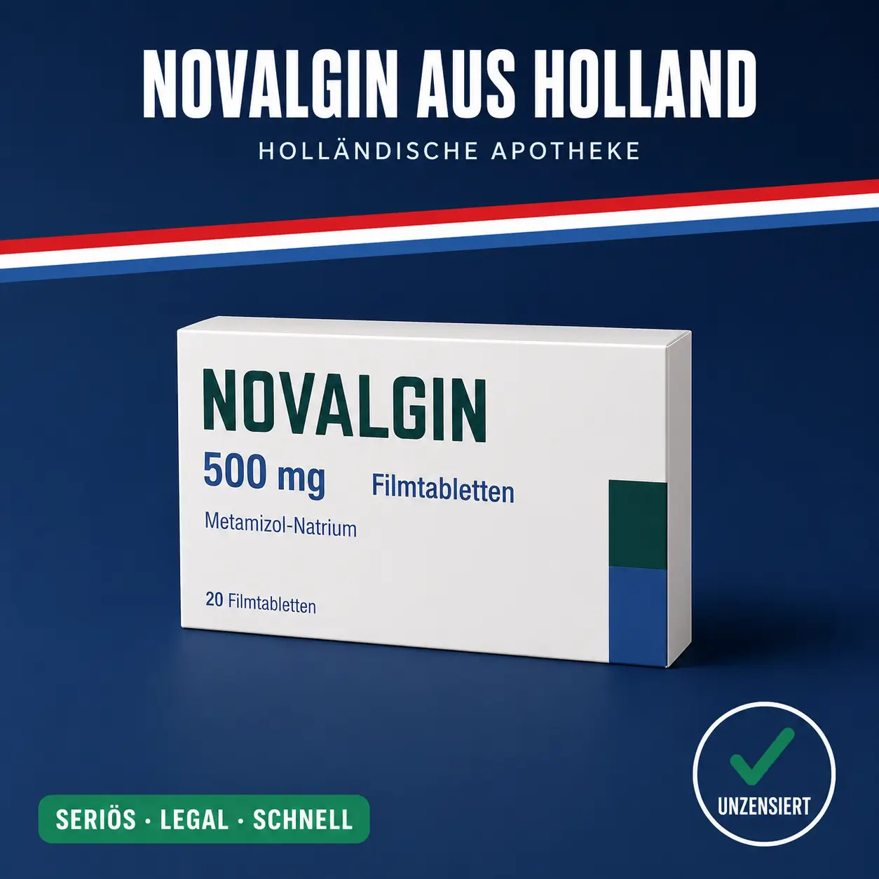 Neutrale Medikamentenschachtel Novalgin 500 mg Filmtabletten vor dunkelblauem Hintergrund mit niederländischer Bandarole