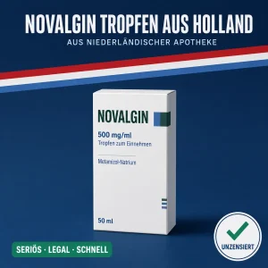 Neutrale Faltschachtel Novalgin Tropfen 500 mg/ml vor dunkelblauem Hintergrund mit niederländischer Bandarole
