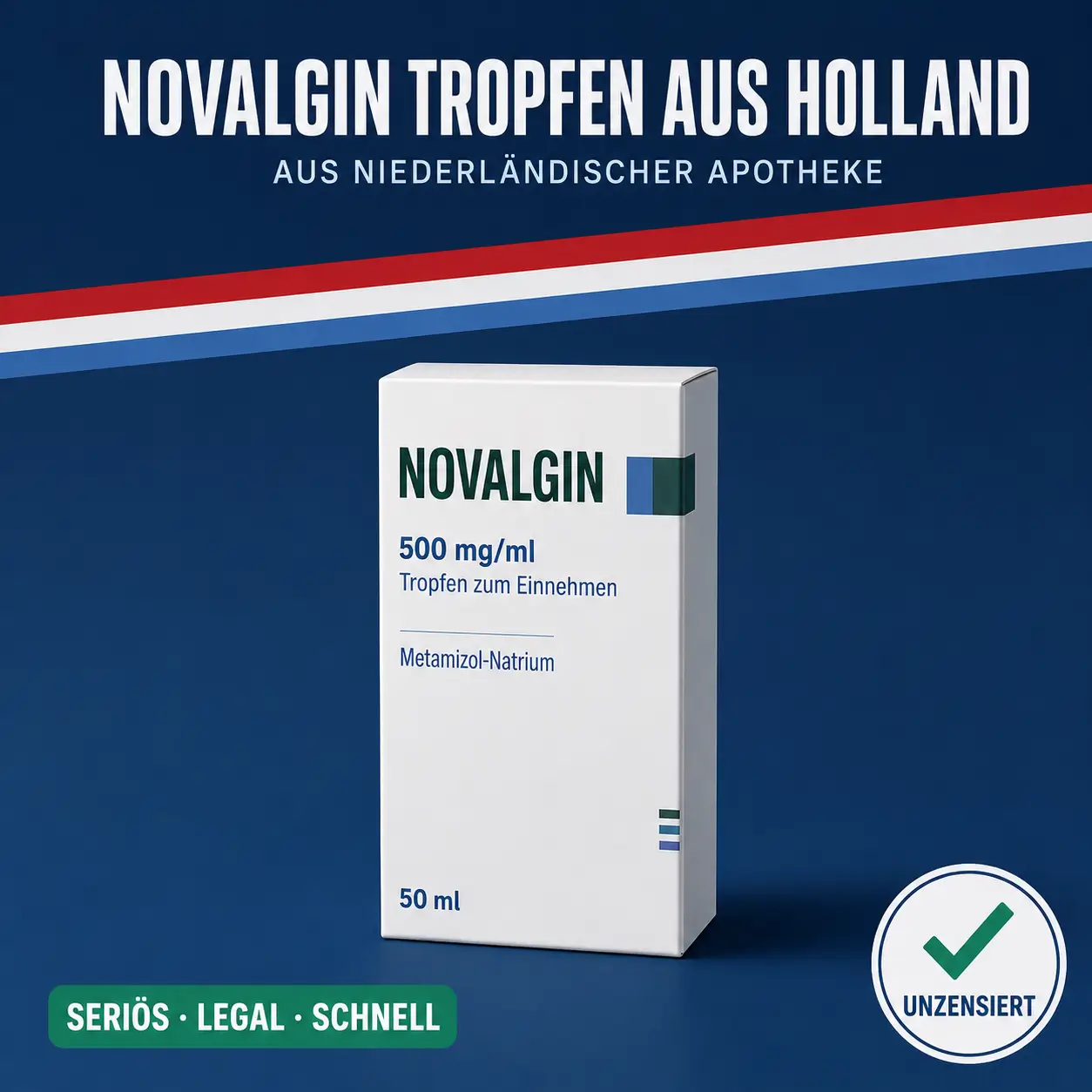 Neutrale Faltschachtel Novalgin Tropfen 500 mg/ml vor dunkelblauem Hintergrund mit niederländischer Bandarole