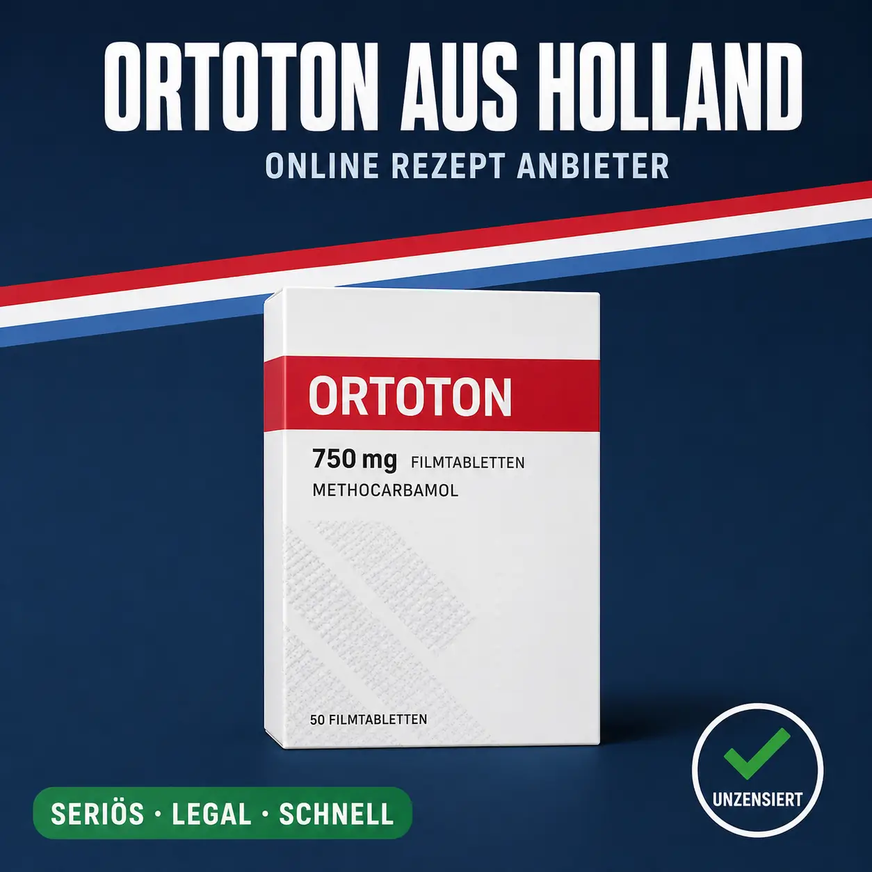 Aufrechte weiß-rote Medikamentenschachtel mit der Aufschrift Ortoton 750 mg Filmtabletten vor dunkelblauem Hintergrund mit niederländischer Bandarole