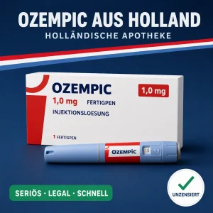Schmale weiß-blaue Medikamentenschachtel mit der Aufschrift Ozempic 1,0 mg Fertigpen vor dunkelblauem Hintergrund mit niederländischer Bandarole