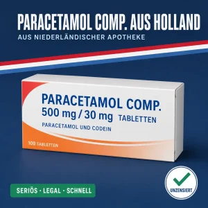 Neutrale Medikamentenschachtel mit der Aufschrift Paracetamol comp. 500 mg 30 mg Tabletten vor dunkelblauem Hintergrund mit niederländischer Bandarole