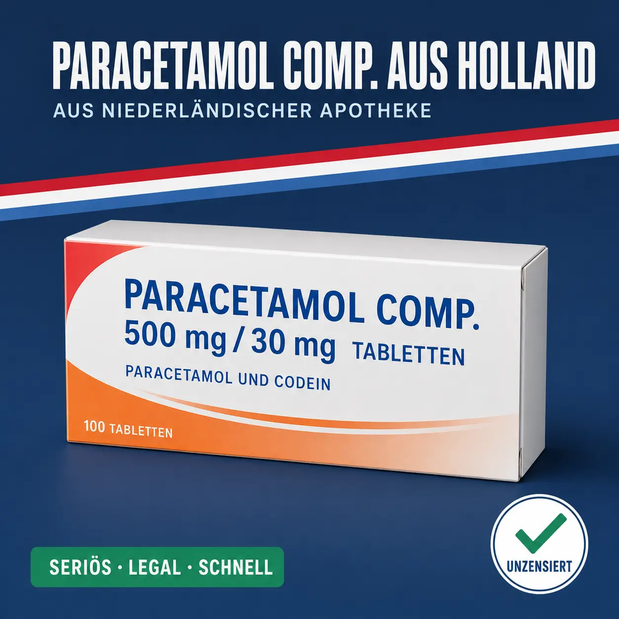 Neutrale Medikamentenschachtel mit der Aufschrift Paracetamol comp. 500 mg 30 mg Tabletten vor dunkelblauem Hintergrund mit niederländischer Bandarole