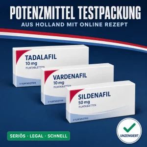 Drei gestaffelte weiß-rote Medikamentenschachteln mit den Aufschriften Sildenafil, Tadalafil und Vardenafil vor dunkelblauem Hintergrund mit niederländischer Bandarole