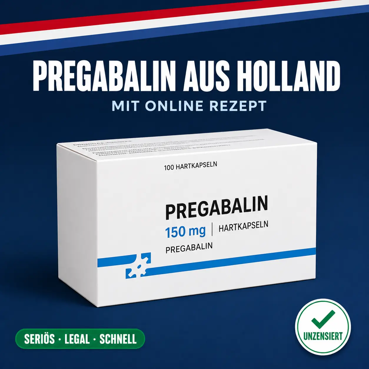 Neutrale Medikamentenschachtel mit der Aufschrift Pregabalin 150 mg Hartkapseln vor dunkelblauem Hintergrund mit niederländischer Bandarole