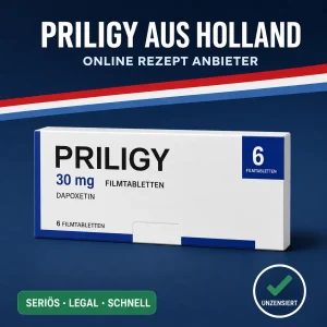 Breite weiß-blaue Medikamentenschachtel mit der Aufschrift Priligy 30 mg Filmtabletten vor dunkelblauem Hintergrund mit niederländischer Bandarole