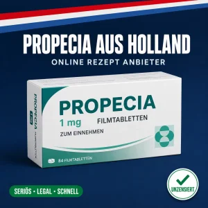 Neutrale Medikamentenschachtel mit der Aufschrift Propecia 1 mg Filmtabletten vor dunkelblauem Hintergrund mit niederländischer Bandarole
