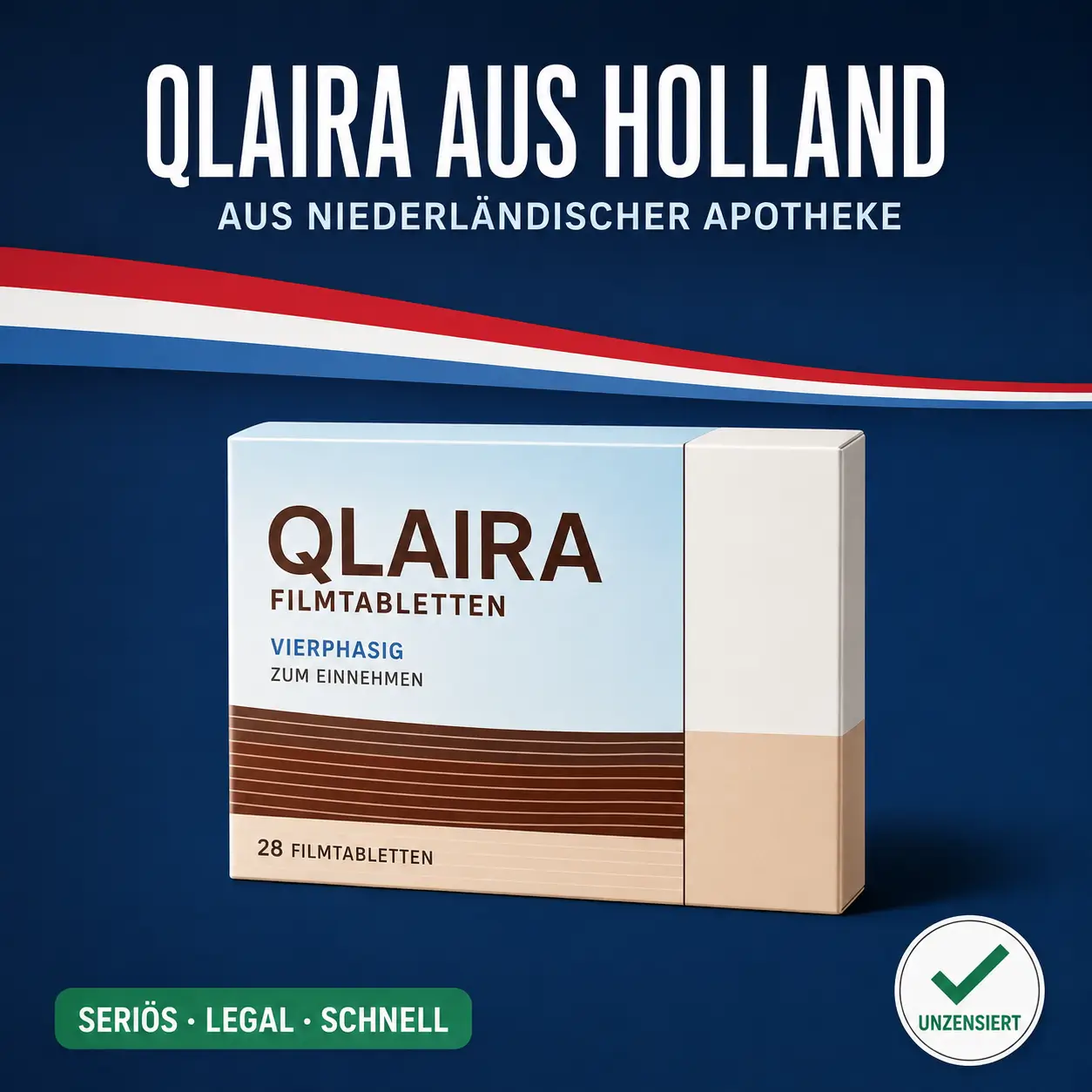 Kleine neutrale Medikamentenschachtel mit der Aufschrift Qlaira Filmtabletten vor dunkelblauem Hintergrund mit niederländischer Bandarole