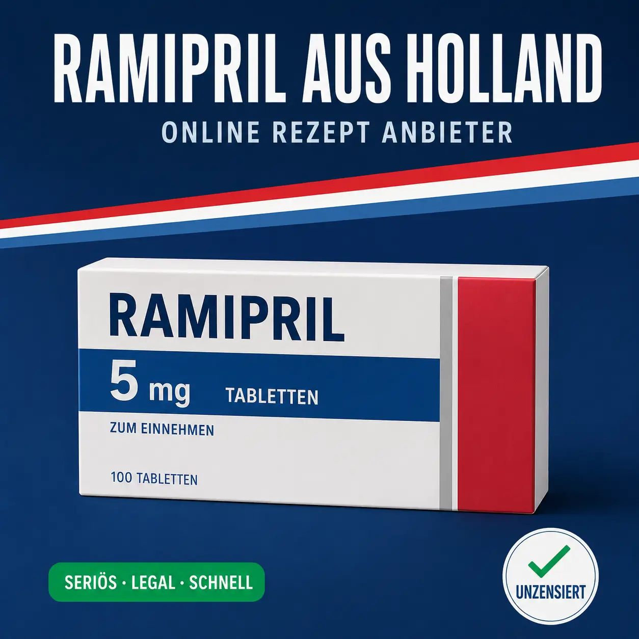 Breite weiß-rote Medikamentenschachtel mit der Aufschrift Ramipril 5 mg Tabletten vor dunkelblauem Hintergrund mit niederländischer Bandarole