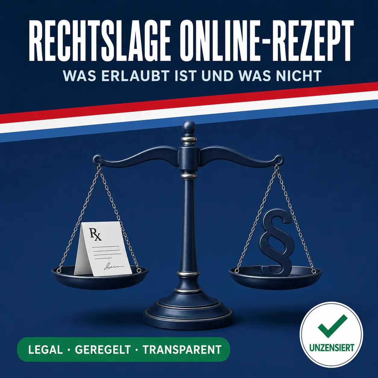 Waage mit Rezept und Paragraphenzeichen als Symbol für die Rechtslage beim Online-Rezept
